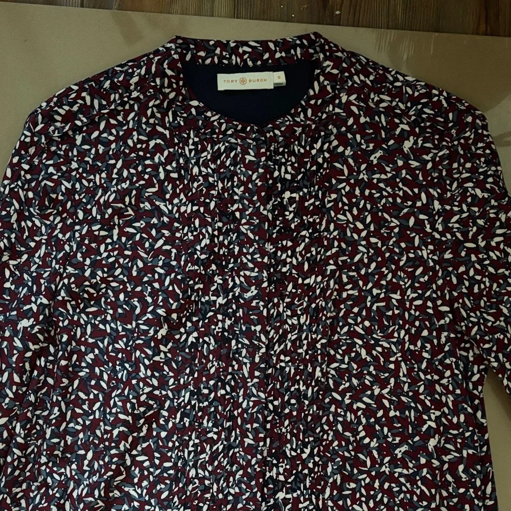 Tory Burch 100% Silk Confetti Patterned Dress Sz 12 Burgundy & Soft Gray
